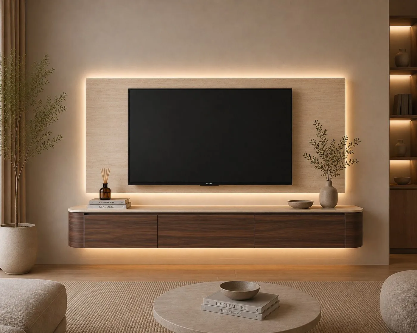 Japandi TV-meubel Walnoot Travertine — Japandi TV-meubel